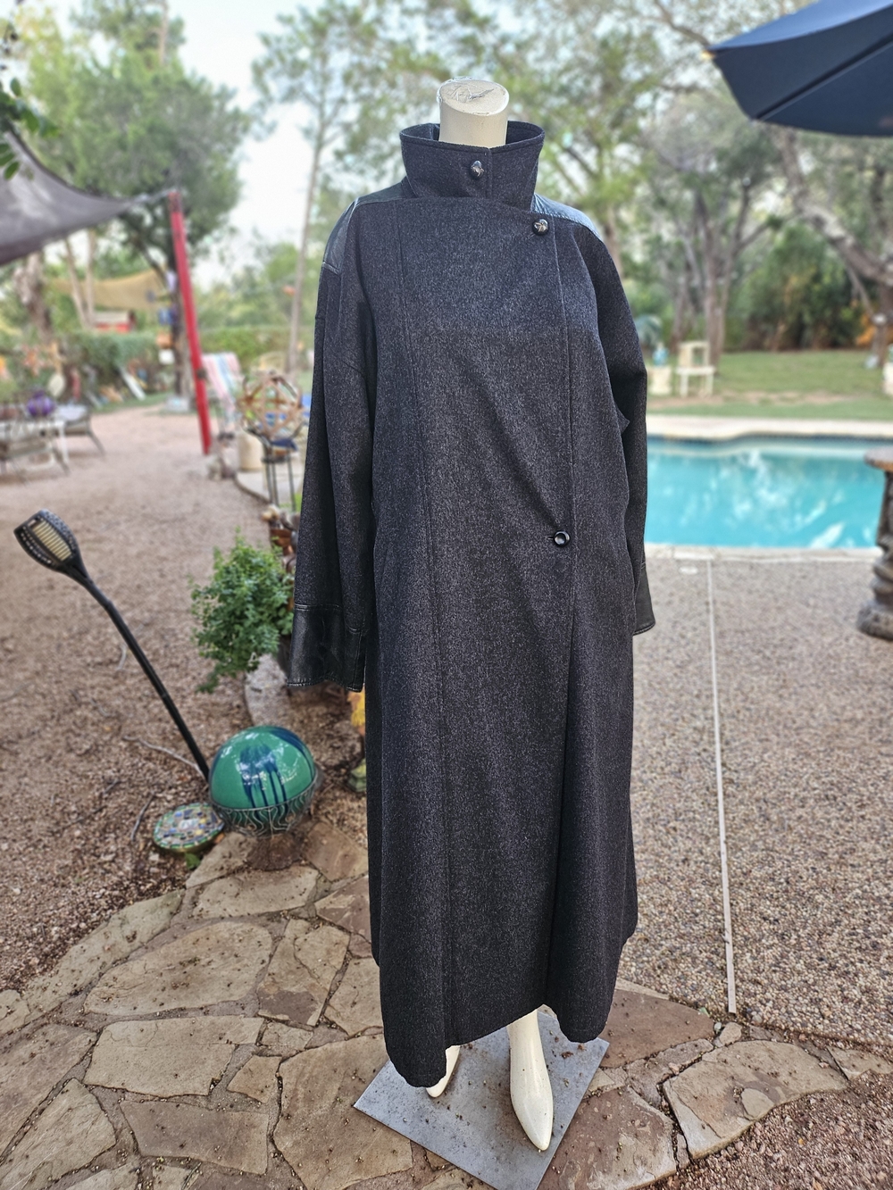 Vintage Schneiders Design Black Wool High Neck Maxi Trench Coat